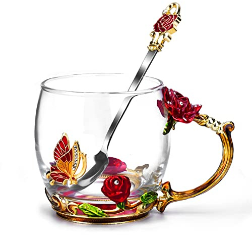 OGEEON Idee Cadeau Noel Femme Original Tasse a café et thé avec Cuillère, pour Amies Grand-Mère Maman Anniversaire (Rouge)
