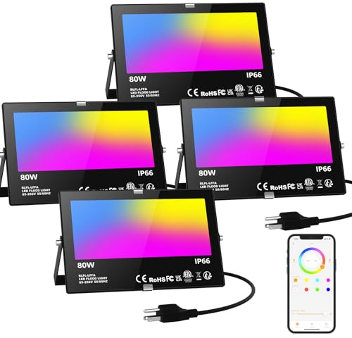 LED Flood Light Outdoor 800W Equivalent 8000LM, Smart RGB Color Changing Landscape Lighting with APP Control, IP66 Waterproof Outdoor LED Lights Daylight 5700K, DIY Scenes, Timing Floodlights, 4 Pack