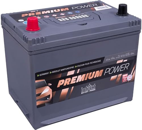 intAct Premium Starterbatterie 12V 75Ah 630A - Autobatterie mit 30% mehr Startleistung und Schnellladetechnik - auslaufsicher und wartungsfrei - Maße (LxBxH): 270x173x222mm, Pluspol links