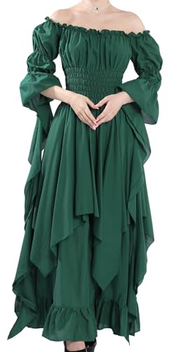 CR ROLECOS Mittelalter Kleid Damen Gothic Kleid Lang Viktorianisches Renaissance Kleid Mittelalterliches Ballkleid Schulterfrei Hexenkleid Grün S/M