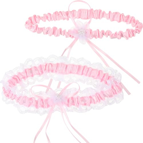 2PCS Pink Garters for Brides, Lace Wedding Garters for Brides | Soft satin pink bridal garters, delicate wedding keepsake, cosplay party decoration and wedding accessories gift for brides