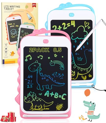 2Pièces Tableau d'écriture LCD Dinosaure Jouet,Tableau Magique 8,5 Pouces Planche à Dessin Planche à Peinture,Jouet Tablette d'écriture Noël Cadeaux pour Enfants 2-7Ans Garçons Filles (Bleu +Rose)
