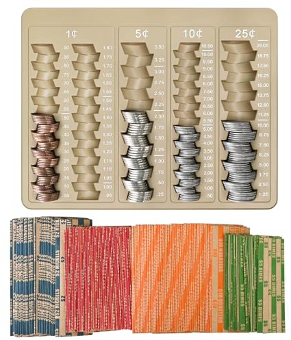 L Liked 1PCS Brown Coin Counter Tray-Coin Sorter Tray with 150 Assort Coin Wrappers Included-5 Compartments Slots for Organization Pennies, Nickels, Dimes, and Quarters - Use for Bank,Home and Office