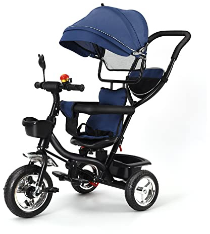 Dreiräder, Kinderdreirad mit Schubstange+Glocke+Rückspiegel+Autokörbe, 4 in 1 Kinderwagen, Ausklappbarem Verdeck mit Sonnenschutz (blau)