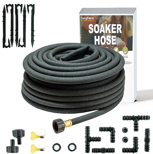FangFarm 50FT Soaker Hose for Garden - 1/2 Diameter Heavy Duty Rubber Drip Irrigation Kit - Save 70% Water for Lawn/Flower Beds/Vegetable/Shrubs/Hedges