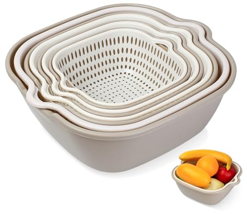 Juego Multiuso de 8 Coladores de Cocina, 2-en-1, Escurridor de Cocina, Colador de Pasta, Cesta Doble Capa de Drenaje, Tazón de Lavado y Colado de Arroz, Para Frutas, Verduras y Arroz