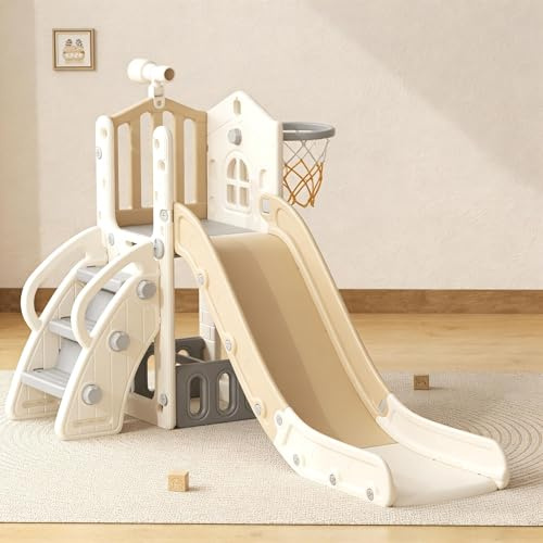 YUFU 5 in 1 Toddler Slide, Kids Slide with Climber, Basketball Hoop and Ball, Outdoor Indoor Playset for Toddlers Age 1-3 (Beige+Coffee)