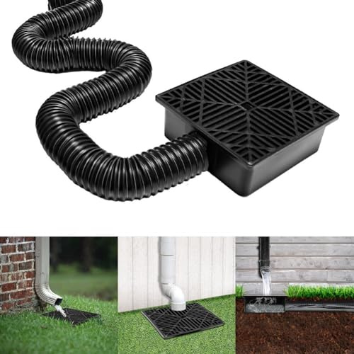 Square Catch Basin Drain Kit, Low Profile Catch Basin Drainage Downspout Extension Kit, With Flexible Pipe, No Deep Dig, 9.05 x 9.05, for lawns, landscaped areas, patios and walkways, black
