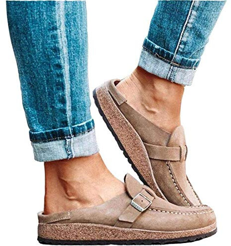 Flache Pantoletten-Sandalen für Damen, Sommer-Clogs, Wildleder, flache Slipper, runde Zehen, rückenfrei, zum Hineinschlüpfen, bequeme, geschlossene Zehen, modische Bootsschuhe für Damen (Khaki 42 E