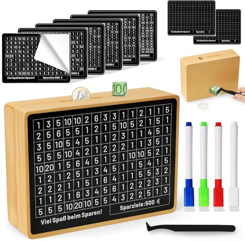 Yokuni Tirelire en Bois, Tirelire Japonaise Réutilisable avec Marqueur, Money Box 500€ 1,000€ 2,000€ 3,000€ 5,000€ 10,000€