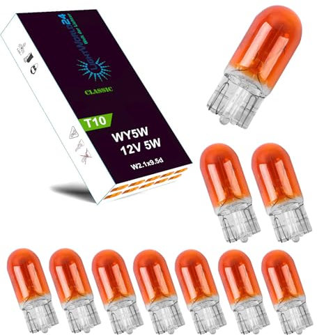 LIGHTWORLD24 10 x WY5W T10 12V 5W 5 Watt Indicatore di direzione, attacco 2.1x9.5d, lampada di segnalazione ambra, luce laterale sinistra, giallo arancione