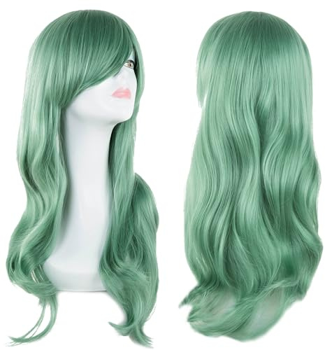 Funmo 70 cm Peluca Ondulada Larga para Mujer, Natural con Flequillo Pelucas Sintéticas, Estilo Ondulado y Resistente al Calor, Anime Traje Pelucas para Niña para Fiesta Halloween, Oscuro Rojo (Verde)