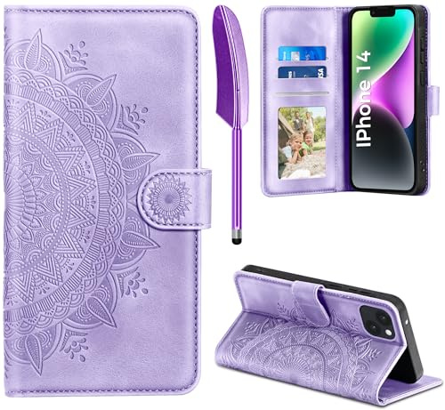 EASDNB Lederhülle für iPhone 14 Hülle, Handyhülle für iPhone 14 Flip Wallet PU Leder Case [Kartenfach] [Magnet] [Ständer] Prägung Klapphülle Schutzhülle für iPhone 14 6.1 Zoll, Hellviolett