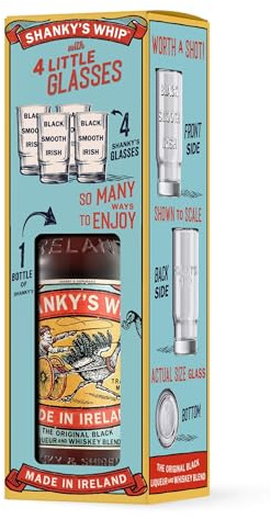 Shanky's Whip Black Irish Whiskey Liqueur 0,7l Geschenkpackung I Original Irischer Whiskeylikör I mit 4 Shotgläsern I zum verschenken I sammeln und geniessen