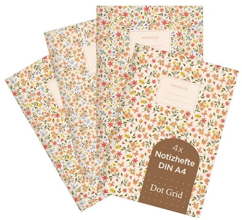 etmamu 1033 4er-Set Notizheft A4 | Summer Bloom Blumen Muster | für Notizen, Skizzen, Bullet Journal & Planungen | Punktraster