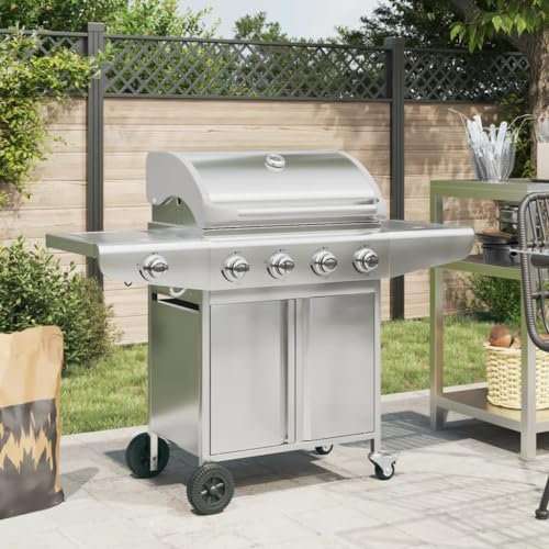 Furniture Select - Barbacoa de gas con 5 quemadores, acero inoxidable plateado