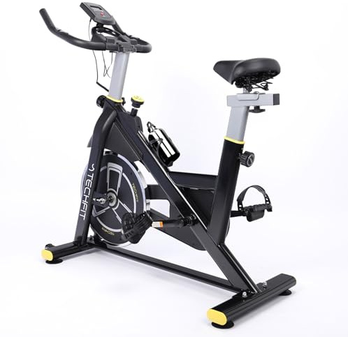 TechFit Bicicleta estática de casa con resistencia magnética, volante de inercia de 10 kg, pantalla LCD, soporte para smartphone, asiento ergonómico y monitorización del ritmo cardíaco, diseño
