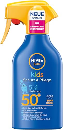 NIVEA SUN Kids Protección & Care Spray solar SPF 50+, alta protección solar con pantenol, vitaminas C y E, spray de crema solar extra resistente al agua para pieles sensibles (250 ml)