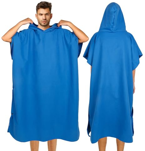 Cozary Surf Poncho Microfibre - Poncho de Bain Femme & Homme - Poncho Serviette Adulte avec Poche à Capuche pour Plage et Sports Nautiques - Séchage Rapide & Compact (Bleu Foncé, Large)