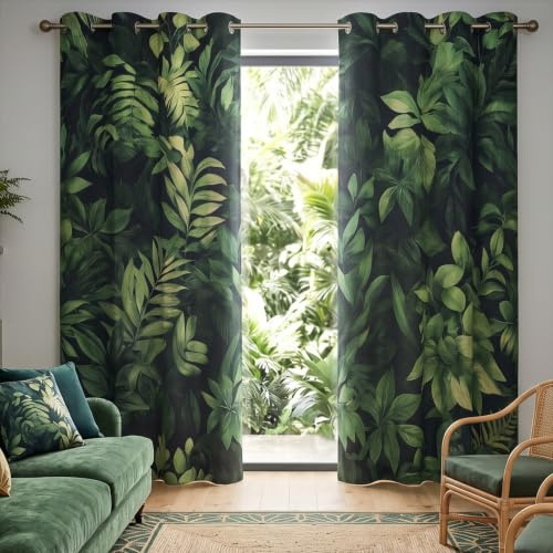 Dark Green Leaf Curtains for Bedroom Living Room, Fern Plant Blackout Curtains 52x84 Inch, Eyelet Thermal Drapes Window Treatments, 2 Panels