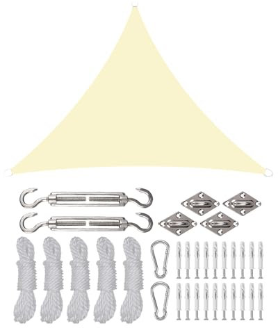 Rantizon Toldo Vela de Sombra Triangular 3×3×3m, toldo Vela Impermeable Exterior con Kits de Montaje, Protección Rayos UV y HDPE Transpirable, para Exteriores, Jardines, Patios, Marfil Claro
