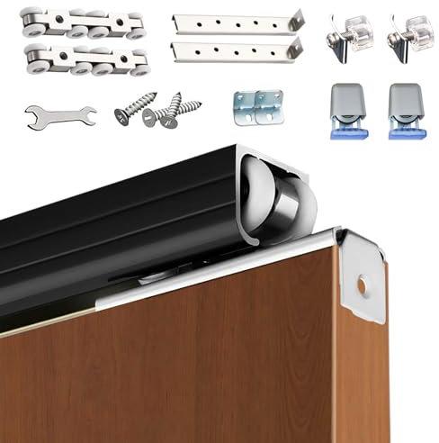 Heavy Duty Bypass Door Track 96 72 60 48 Inch, Pocket Door Tracks and 8 Wheel Rollers, Hidden Sliding Barn Doors Hardware Track Kit for 1 1/5 - 2 Inch Thickness, Smoothly and Quietly(Black,96in/243.84
