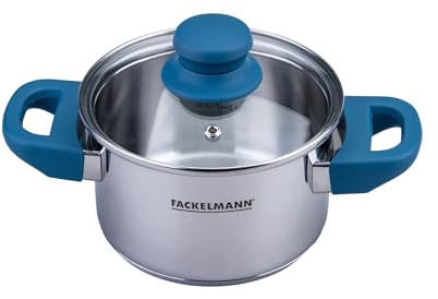 FACKELMANN Olla Essential de 14 cm de diámetro de acero inoxidable, asas de baquelita azul oscuro, fondo encapsulado de ahorro de energía, incluye tapa de cristal, color azul