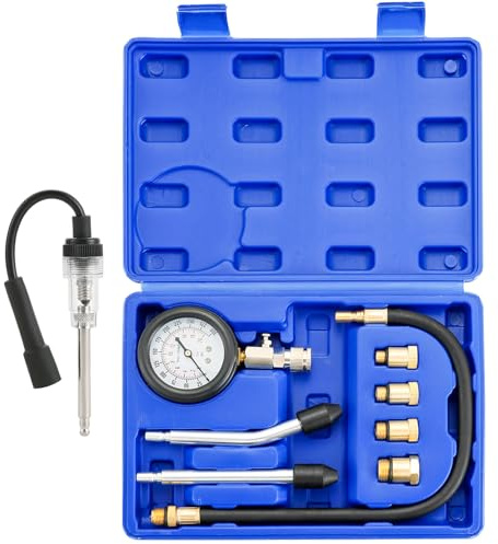DASBET 9PCS Compression Tester Kit with Spark Plug Tester | Engine Compression Testing Tool Petrol 0-20 Bar & 0-300 psi Car and Motorcycle Engine Testing Tools for Cylinder Pressure Gauge (Blue)