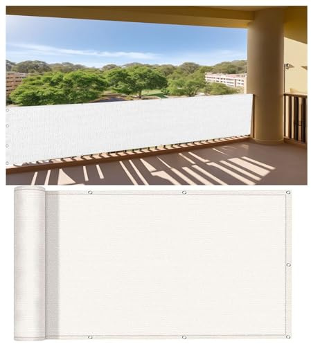 Balkon Sichtschutz Blickdicht 105 x 370 cm Balkonverkleidung Ohne Bohren Blickdichte Wind Uv-Schutz Outdoor Sichtschutz für Balkongeländer, Weiß