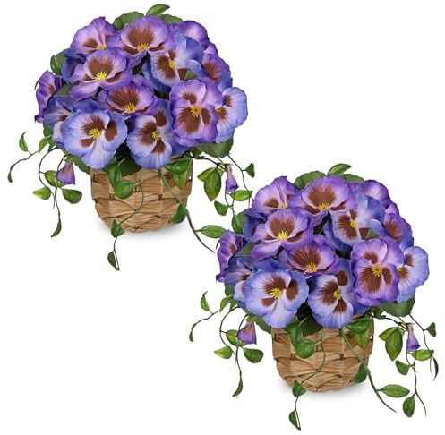 Hollyone 2 Stück Künstliche Blumen im Topf Lila Künstliche Stiefmütterchen Blumen mit Geflochtenen Korb Klein Kunstblumen Deko Pflanze für Bauernhäuser Zuhause Regal Tischdeko