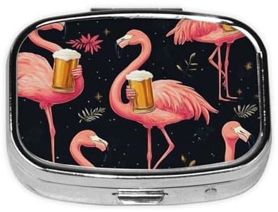 Generic Pillendose mit pinkem Flamingodruck, quadratisch, 2 Fächer, kleine Pillendose für Geldbörse und Tasche, Mini-Metall-Pillenhalter, Reise-Pillenbehälter
