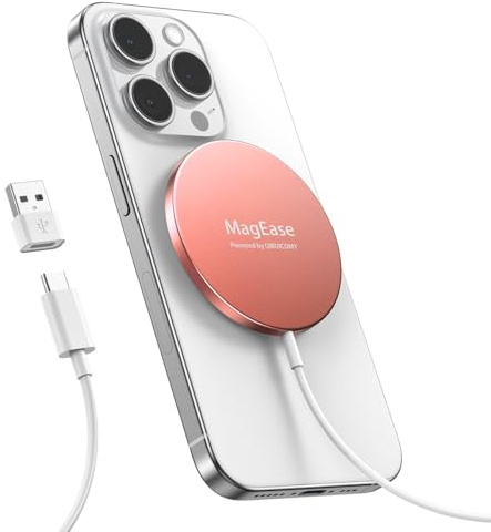 Chargeur sans Fil Magnétique pour iPhone 15W, Chargeur Rapide Compatible avec Mag-Safe pour iPhone 16/15/14/13/12/11/X/XS/XR/AirPods 4/3/2/Pro-Orange