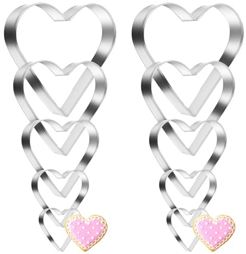 10 Pieces Heart Shaped Cookie Cutter Set, Stainless Steel Heart Cookie Cutter Set Fondant Vegetable Biscuit Fruit Pastry Cutters - 3.15/2.68/2.32/1.89/1.54 Inch