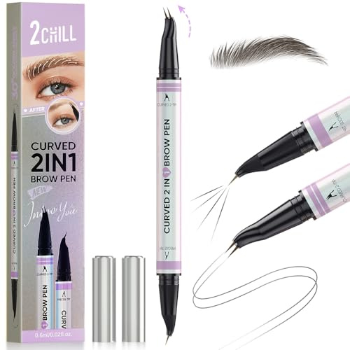 2CHILL Crayon à Sourcils Incurvé à 30 °, 2 en 1 Eyebrow Pen Pro, Imperméables Avec 2 Conseils, Cosmétique Microbladants Vifs pour Femmes, Dernier Maquillage Toute la Journée (Marron Noir)