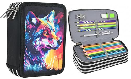 XDGBGFN 72 Slots Federmäppchen Groß Mäppchen 3 Fächer Oxford-Stoff Federmappe Pencil Case für Aquarellstift, Stifte, Marker, Schule, Uni, Büro (Wölfin)