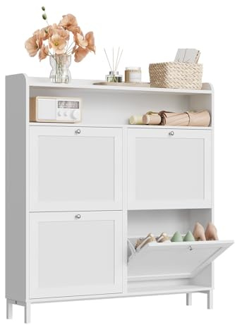 WOLTU Schuhschrank mit 4 Klappschubladen, Schuhregal Schuhkipper schmal | Platzsparend & Robust, für 8-12 Paar Schuhe, Kratzfest, 100 x 107 x 19,5 cm, Weiß