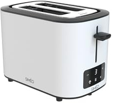 SIMÉO Grille-Pain – Toaster 2 Fentes avec Écran et Touches Sensitives – 6 Niveaux de Brunissage – Fonctions Décongélation, Réchauffage et Annulation – Design Compact Inox, Blanc