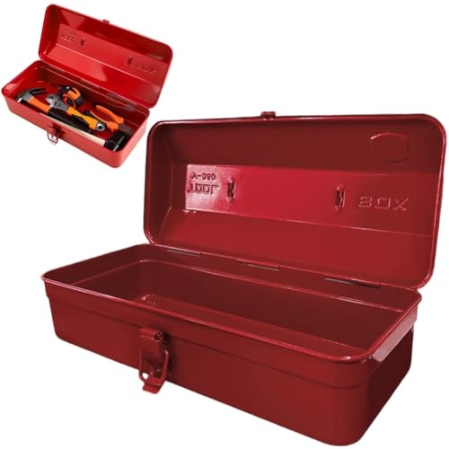 Flerfunktionsverktygslåda med låsspänne tom Stor verktygslåda 37×16×12 cm Robust Hållbar Metall Verktygslåda med handtag, lås för förvaring och transport av tillbehör (Röd)