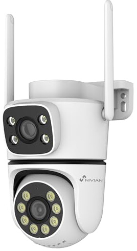NIVIAN Cámara Vigilancia Exterior WiFi Dual 3MP SuperHD 2K con Doble Lente – Sin Ángulos Muertos, Seguimiento Automático IA, Audio Bidireccional, IP65, Control App Tuya (Blanca)