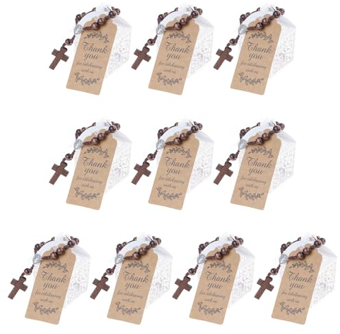 Qusinfc Juego de pulseras de rosarios de madera con cruz, regalo de bautizo, caja de papel hueca, tarjetas de agradecimiento, bolsas de organza, bautizos, ceremonias de regalo