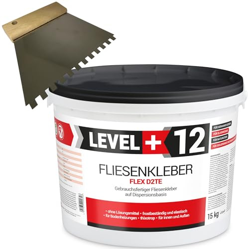 Level Plus 12 adhesivos para azulejos y llana dentada de 6 mm de acero inoxidable para piedra, mortero flexible, color blanco, juego de pegamento de dispersión RM12 (15 kg)