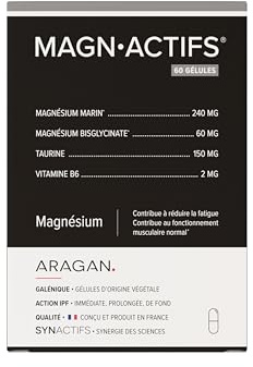 Magnactifs - Magnesium Bisglycinate & Marin - Anti Fatigue, Anti Stress Adulte, Equilibre Nerveux - Taurine, Vitamine B6 - Aragan - 60 Gélules