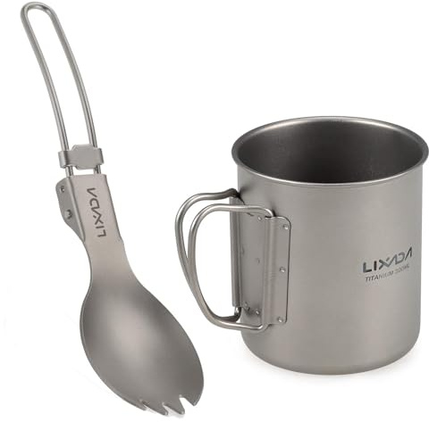 Lixada Set Pentole Padelle da Campeggio 300ml / 350ml / 550ml / 650ml Tazza in Titanio da Campeggio Ultraleggera con Stoviglie Pieghevoli per Cena Spork per Campeggio, Escursionismo, Zaino in Spalla