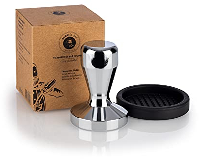 Buddy´s Bar - Barista Edition, prensador de café, 58 mm de diámetro, Base: 8 cm, Acero Inoxidable, Sello de Espresso, portafiltros, 58 mm de Grosor, prensador de café con Alfombrilla de Silicona