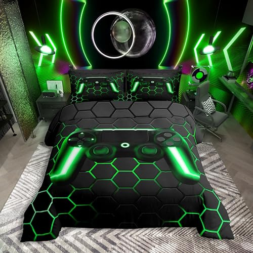 Homewish Geometrische Gamer Bettbezug Set Neonlicht Geometrische Trösterbezug Honeycomb Gamepad Gaming Bettwäsche Sets für Kinder Teen Jungen Bienenstock Hexagon Bettbezug 2 Stücke 135x200 Grau Grün