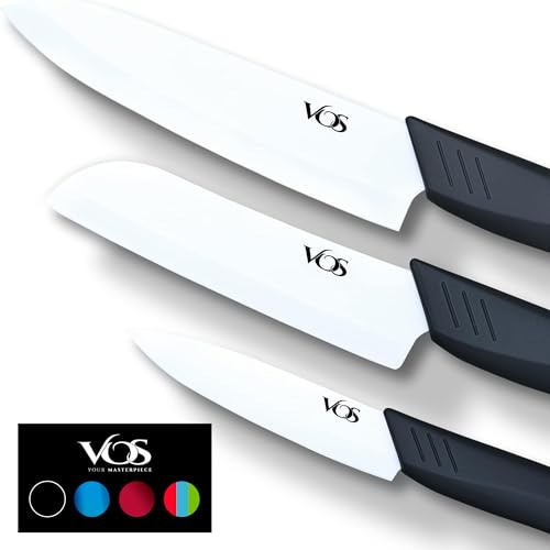 Vos Ceramic Knife Set in Elegant Gift Box, Ceramic Knives Set For Kitchen, Ultra Sharp Kitchen Knife Set with Covers, 4 5 6 Paring, Santoku & Chef Knife, Lightweight, Dishwasher safe (Black Handle)