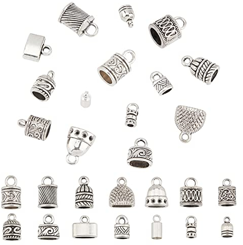 PandaHall Kabelendkappe, 140 stücke 14 Stile Legierung Kleber In Endkappen Lederschnur Endkappe Perle Tube Barrel Loop Verschluss Für Quasten Ohrring Armband Schmuck DIY Craft Making, Antik Silber