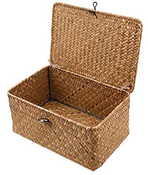 Esoes Aufbewahrungskorb aus geflochtenem Rattan, Aufbewahrungsbox mit Deckel, Seegras, Wäschekörbe, Make-up-Organizer für Badezimmer, Wohnzimmer, Küche (XL)