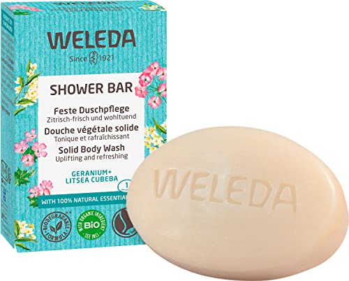 WELEDA Bio Festes Duschgel Geranium & Litsea Cubeba – feste Naturkosmetik Dusche mit Sheabutter & erfrischendem Duft. Natürliche Shower Bar Seife für Männer & Frauen. 100% Vegan & Plastikfrei (1x75g)