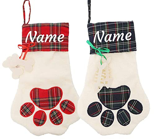 Deggodech Personalisieren Sie Name Haustier Weihnachtsstrümpfe Rot Grün 2 Stück 45,7 cm große Weihnachtsstrümpfe mit Hundepfote für Kamin, Weihnachtsdekoration
